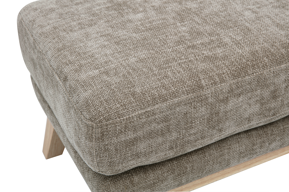 Pouf repose-pieds scandinave en tissu effet velours textur� taupe et bois clair OSLO