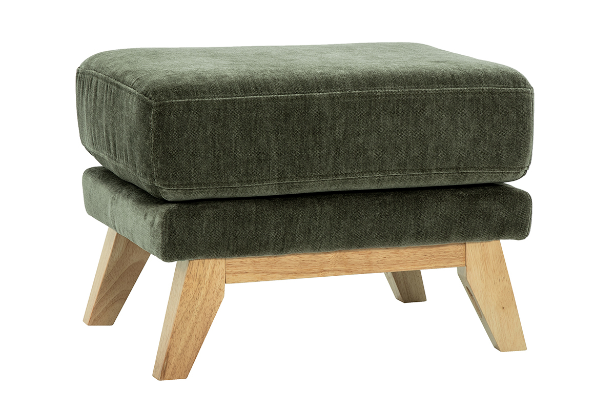 Pouf repose-pieds scandinave en tissu effet velours vert kaki et bois clair OSLO