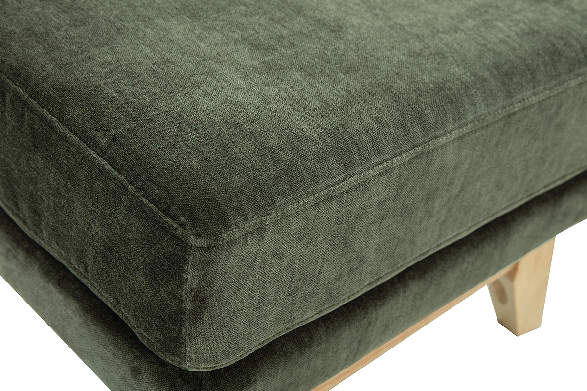 Pouf repose-pieds scandinave en tissu effet velours vert kaki et bois clair OSLO