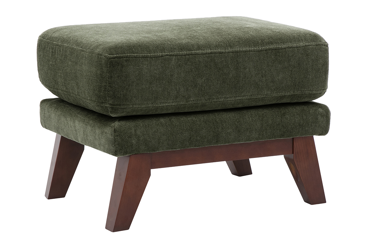 Pouf repose-pieds scandinave en tissu effet velours vert kaki et bois fonc� OSLO