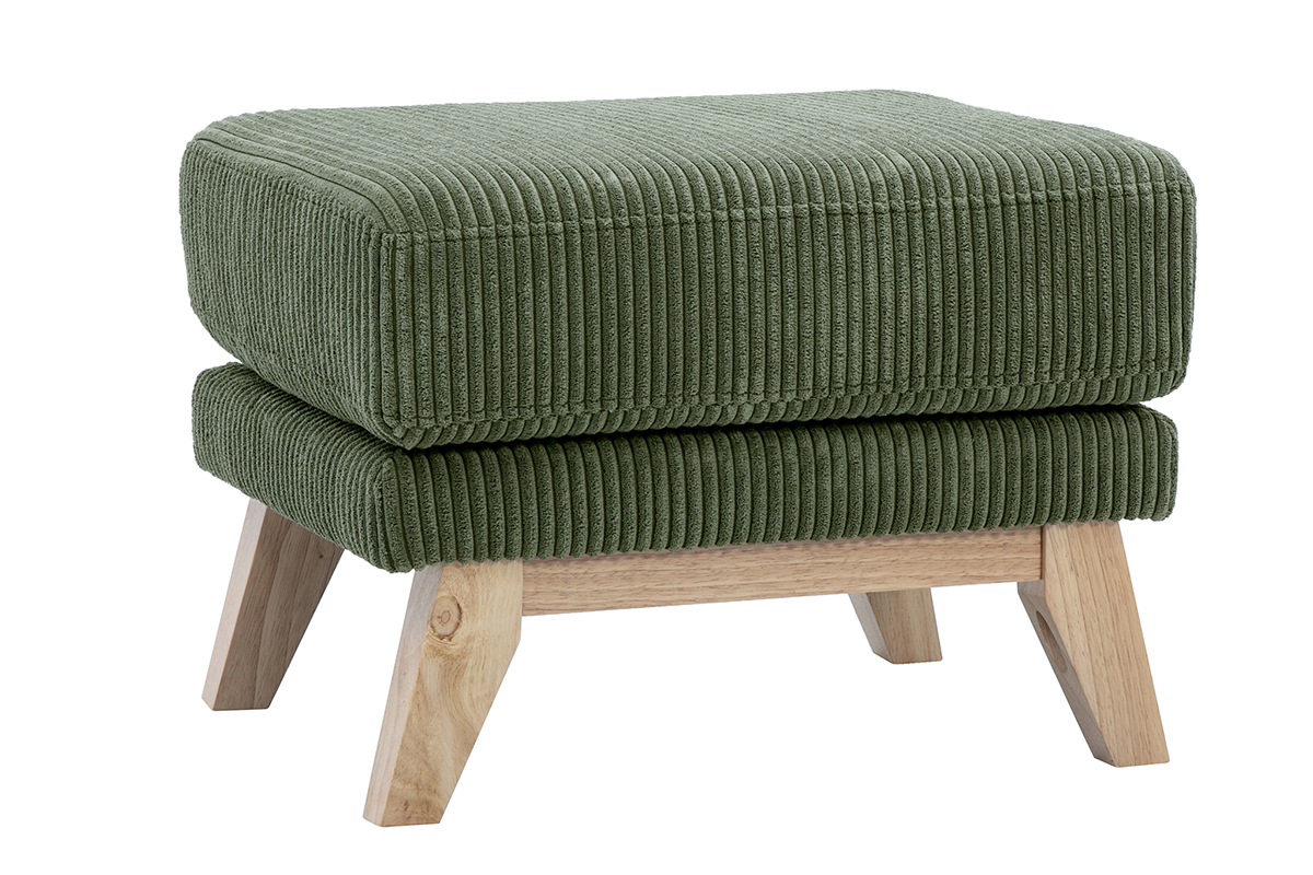 Pouf repose-pieds scandinave en tissu velours c�tel� vert kaki et bois clair OSLO