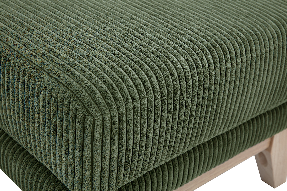 Pouf repose-pieds scandinave en tissu velours c�tel� vert kaki et bois clair OSLO