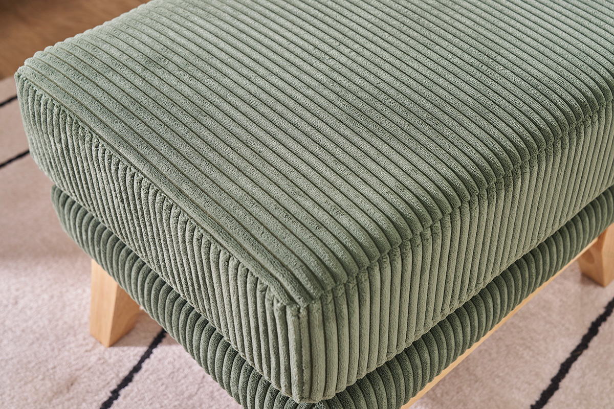 Pouf repose-pieds scandinave en tissu velours c�tel� vert kaki et bois clair OSLO