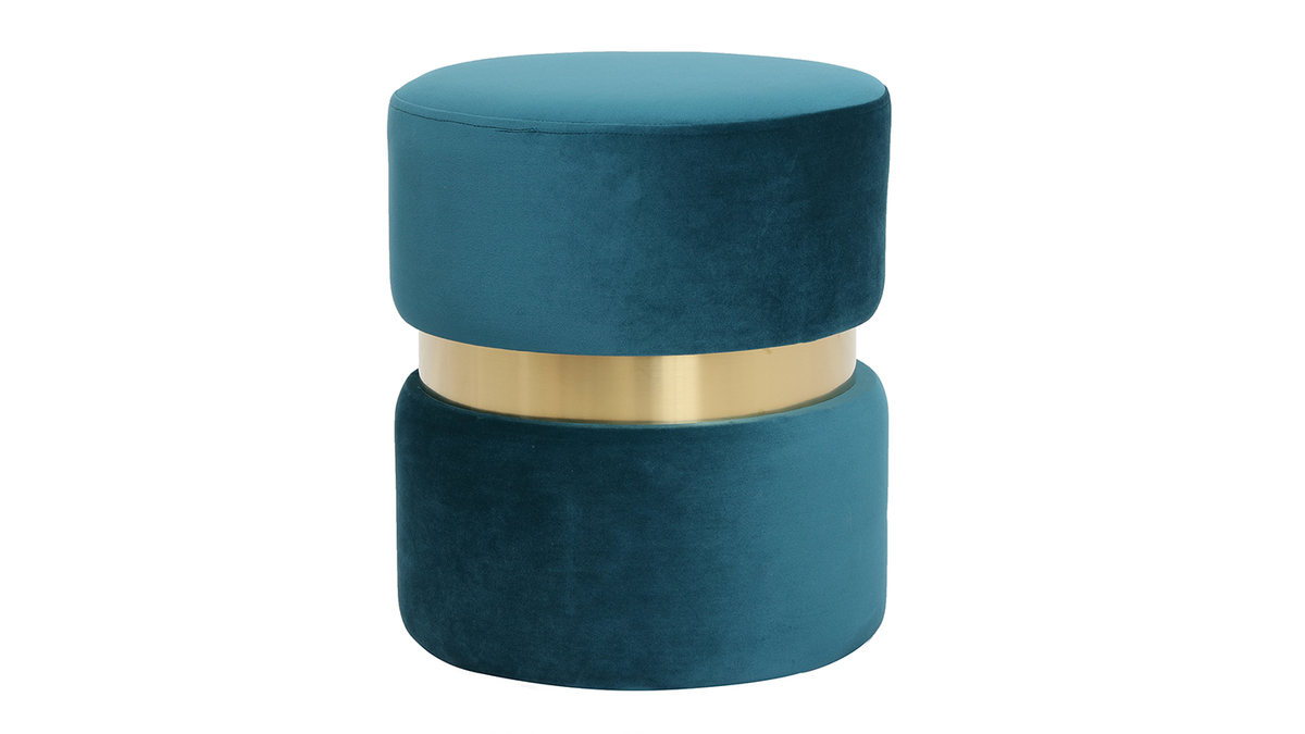 Pouf rond design en tissu velours bleu canard et mtal dor D35 cm JOY