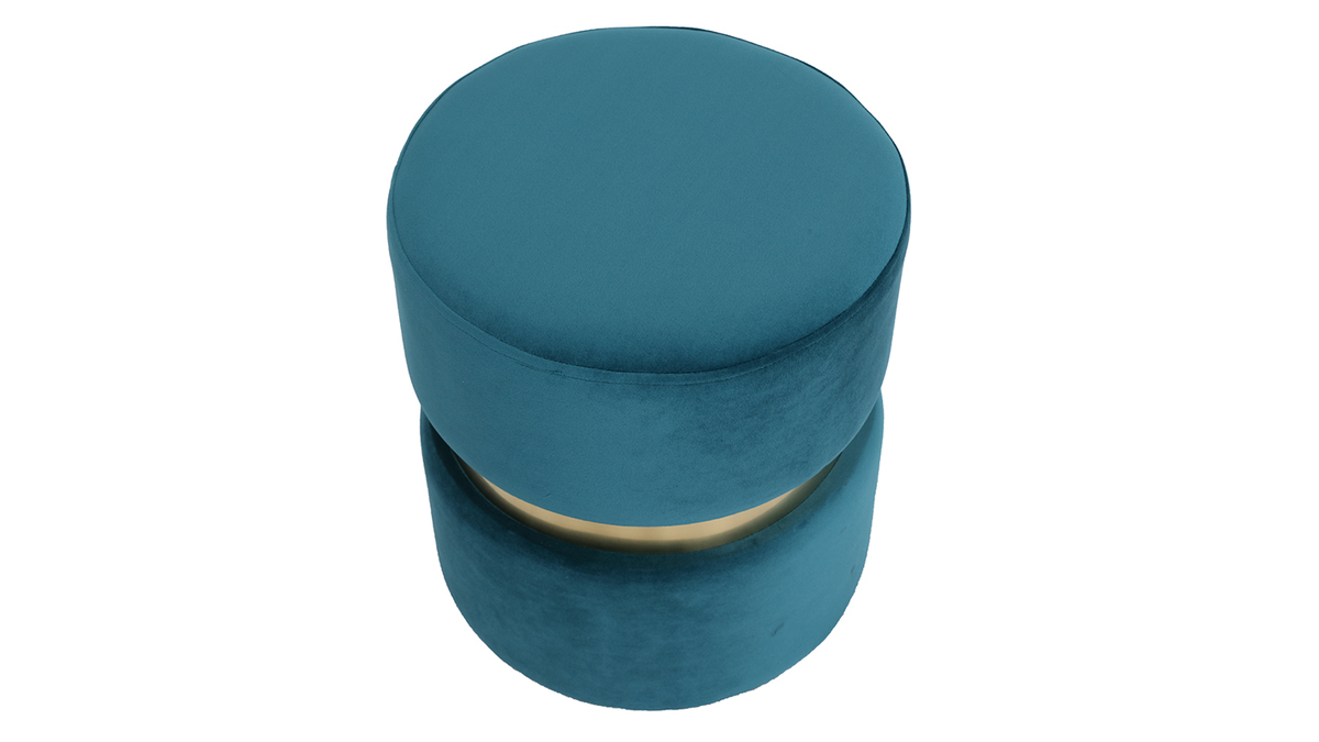 Pouf rond design en tissu velours bleu canard et mtal dor D35 cm JOY