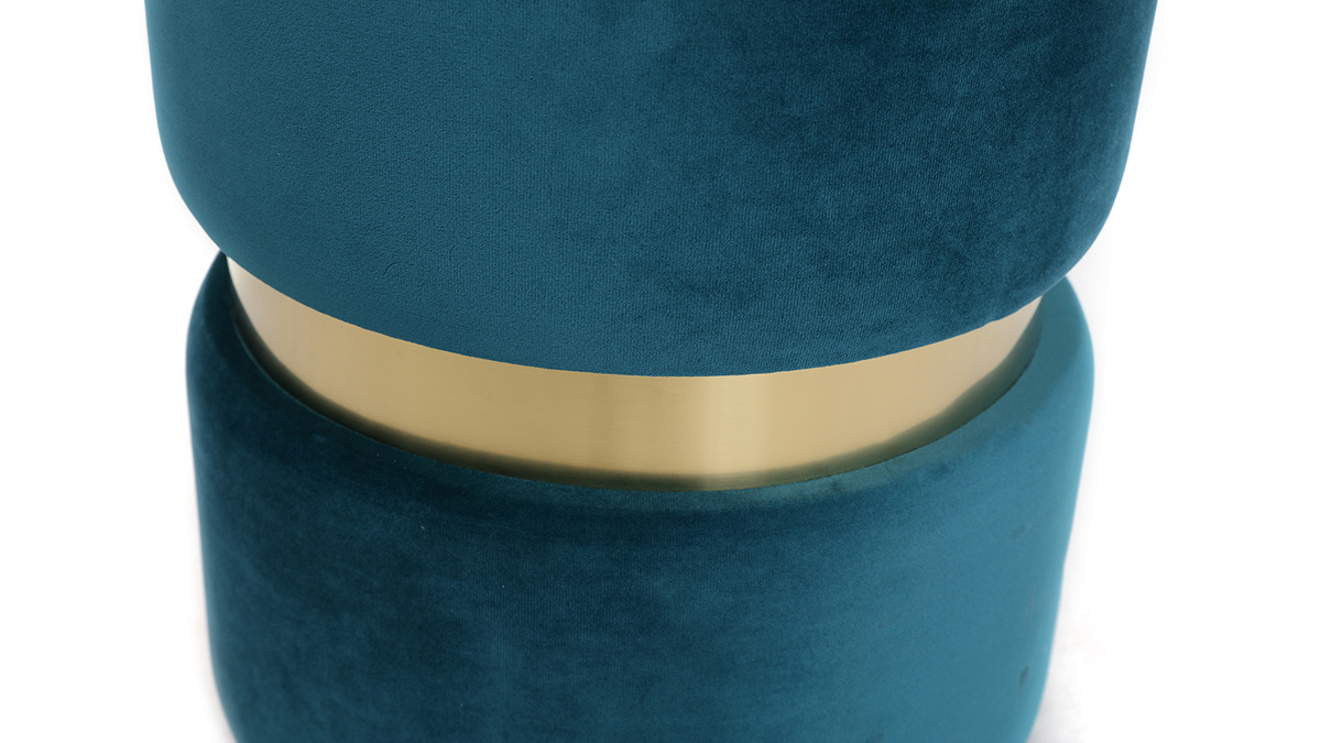 Pouf rond design en tissu velours bleu canard et métal doré D35 cm JOY