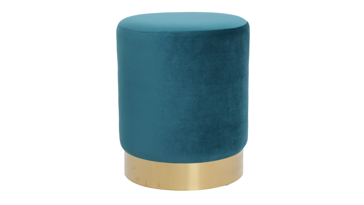 Pouf rond design en tissu velours bleu canard et mtal dor D38 cm AMAYA