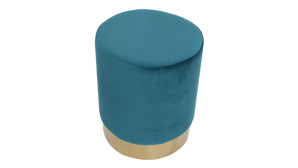 Pouf rond design en tissu velours bleu canard et mtal dor D38 cm AMAYA