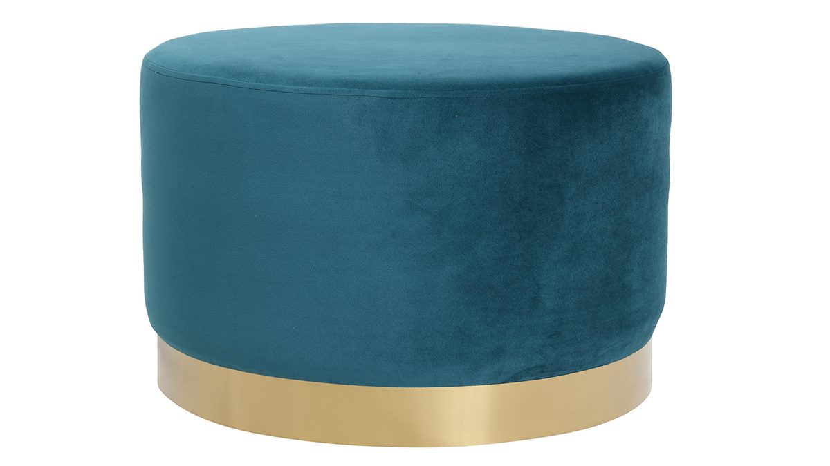 Pouf rond design en tissu velours bleu canard et métal doré D54 cm AMAYA