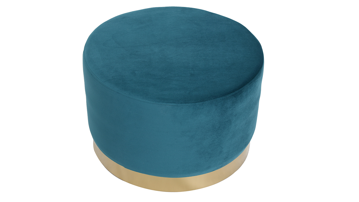 Pouf rond design en tissu velours bleu canard et mtal dor D54 cm AMAYA