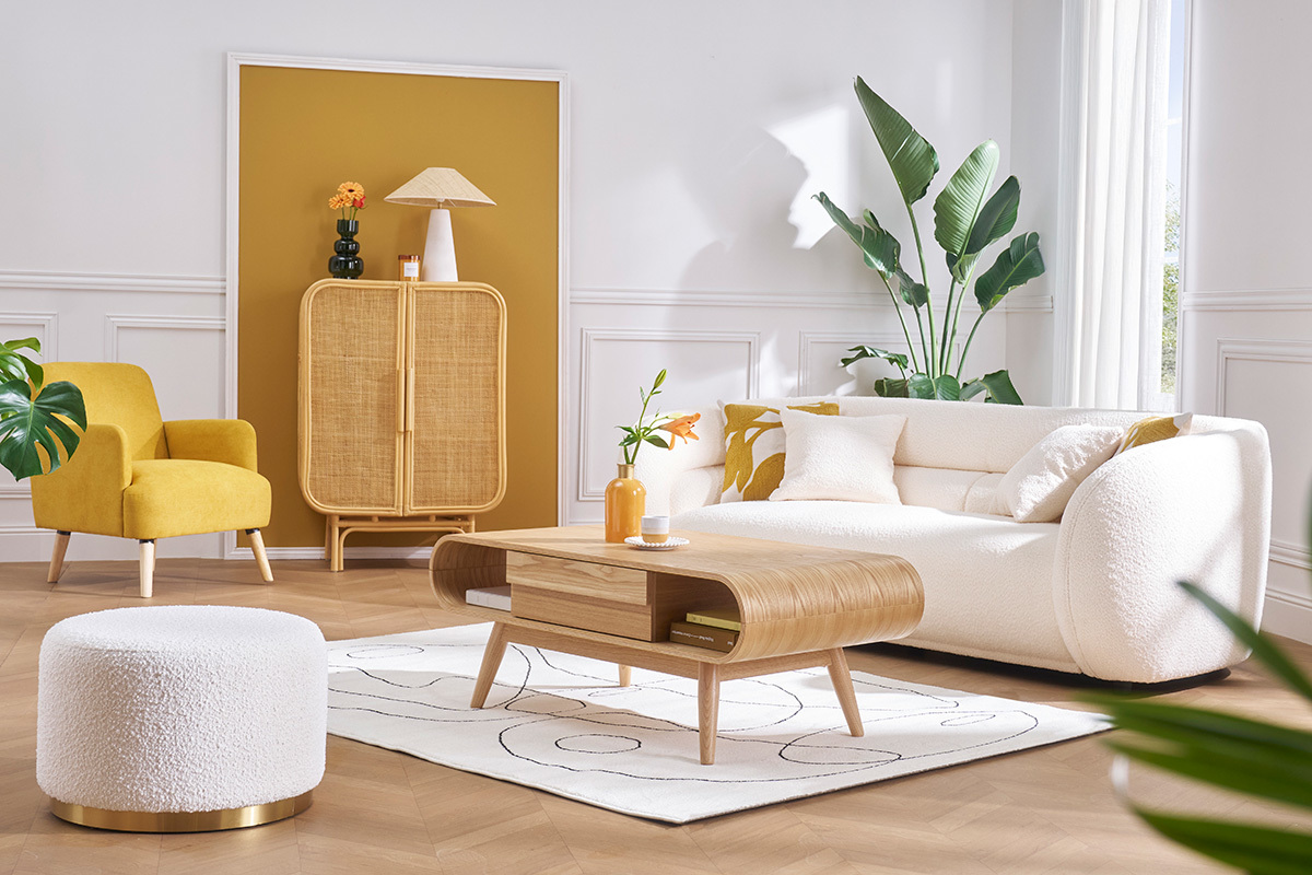Pouf rond en tissu effet laine boucle blanc cass et mtal dor D54 cm AMAYA