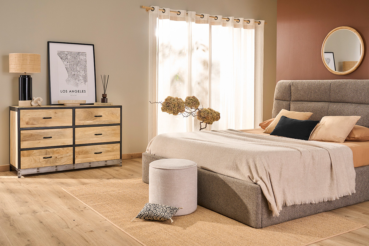 Pouf rond en tissu effet velours textur� beige D40 cm PAUL