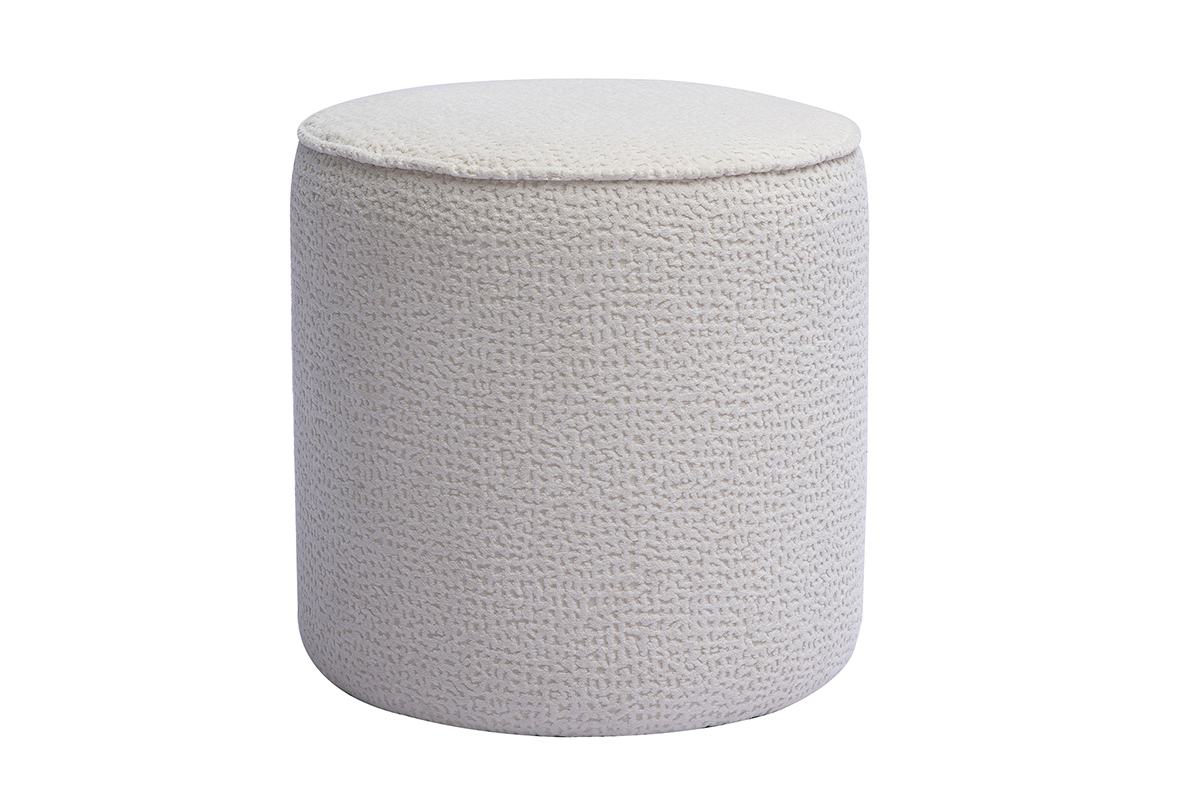 Pouf rond en tissu effet velours textur� �cru � motifs D40 cm WANGA