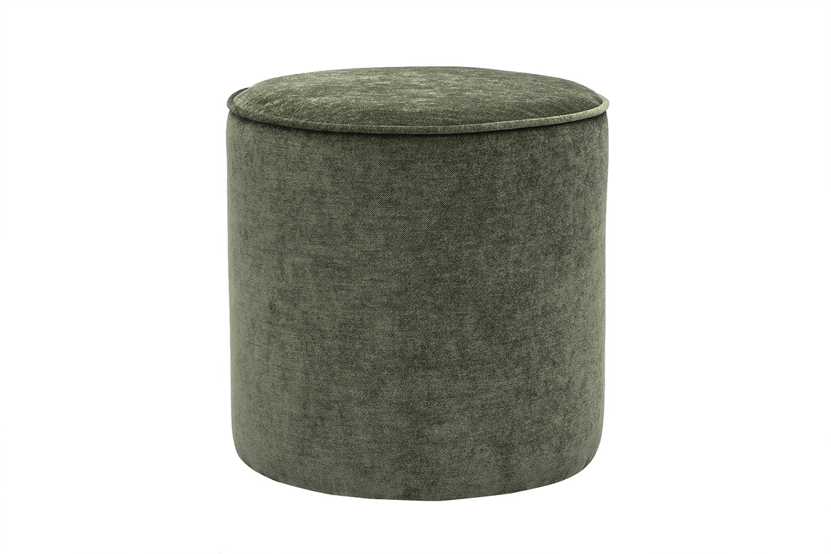 Pouf rond en tissu effet velours vert kaki D40 cm PAUL