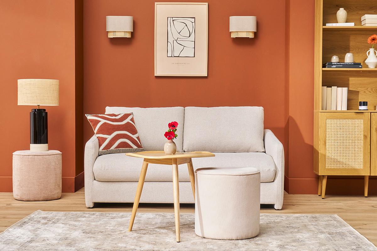 Pouf rond en tissu velours ctel cru D40 cm LOUIS