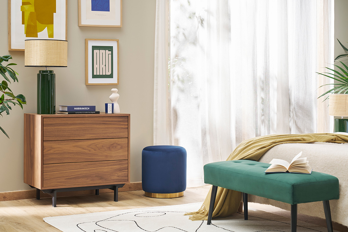 Pouf rond en velours bleu marine et mtal dor D40 cm AMAYA