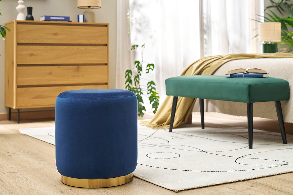 Pouf rond en velours bleu marine et mtal dor D40 cm AMAYA