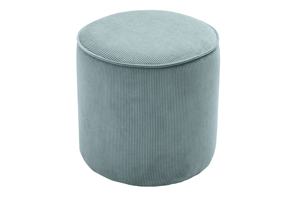 Pouf rond en velours c�tel� bleu gris� D40 cm PAUL