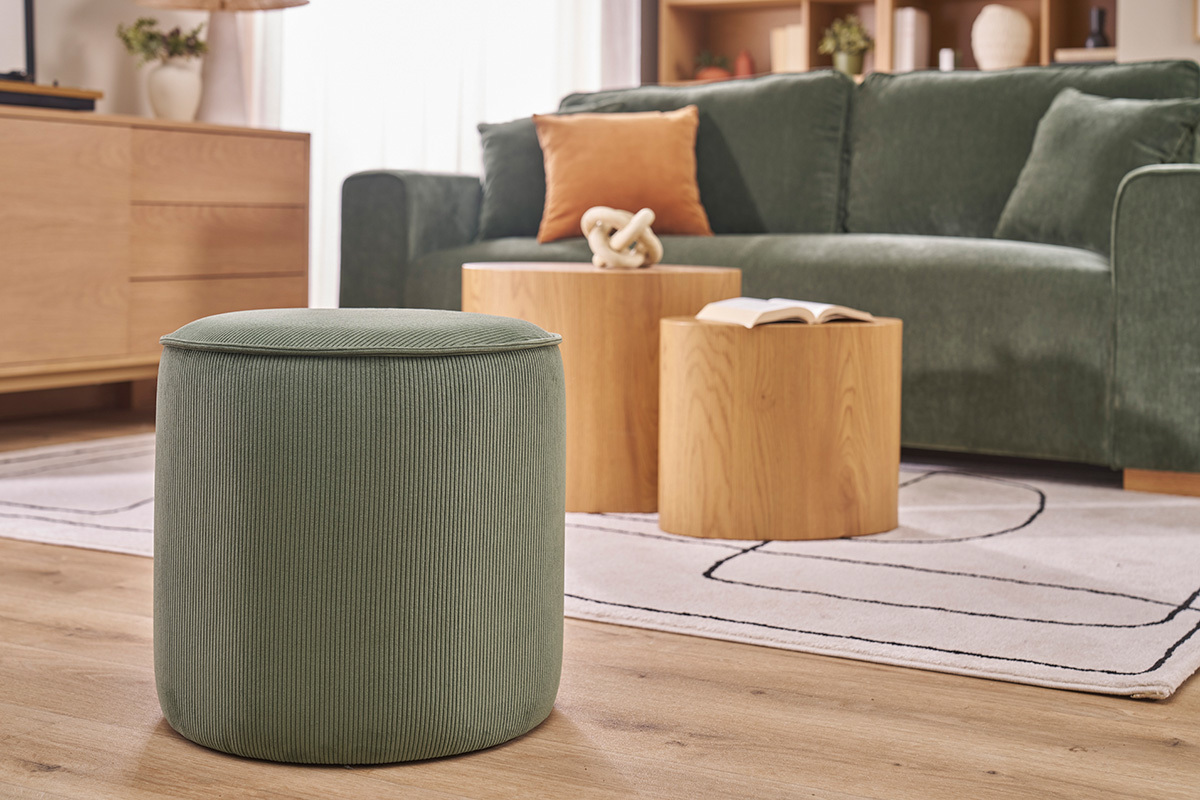 Pouf rond en velours c�tel� vert kaki D40 cm PAUL