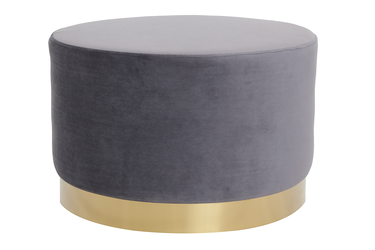 Pouf rond en velours gris et mtal dor 54 cm AMAYA