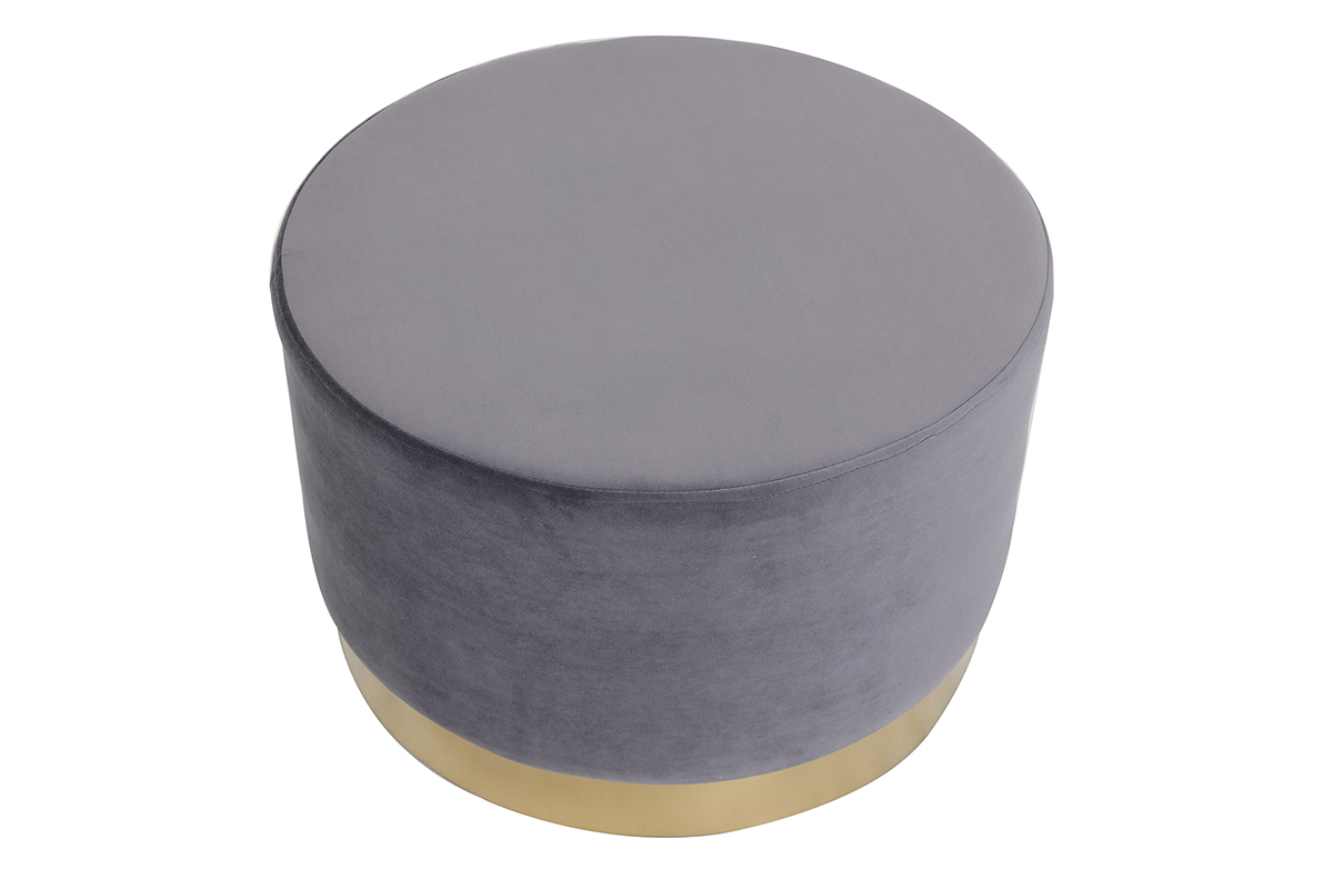 Pouf rond en velours gris et mtal dor 54 cm AMAYA