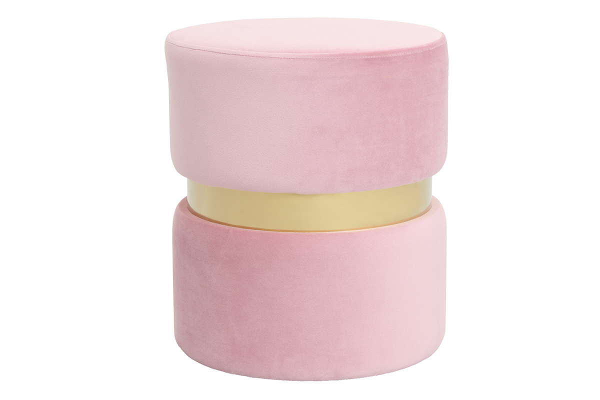 Pouf rond en velours rose et mtal dor JOY