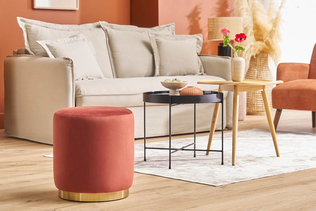 Pouf rond en velours rouge tomette et mtal dor D40 cm AMAYA