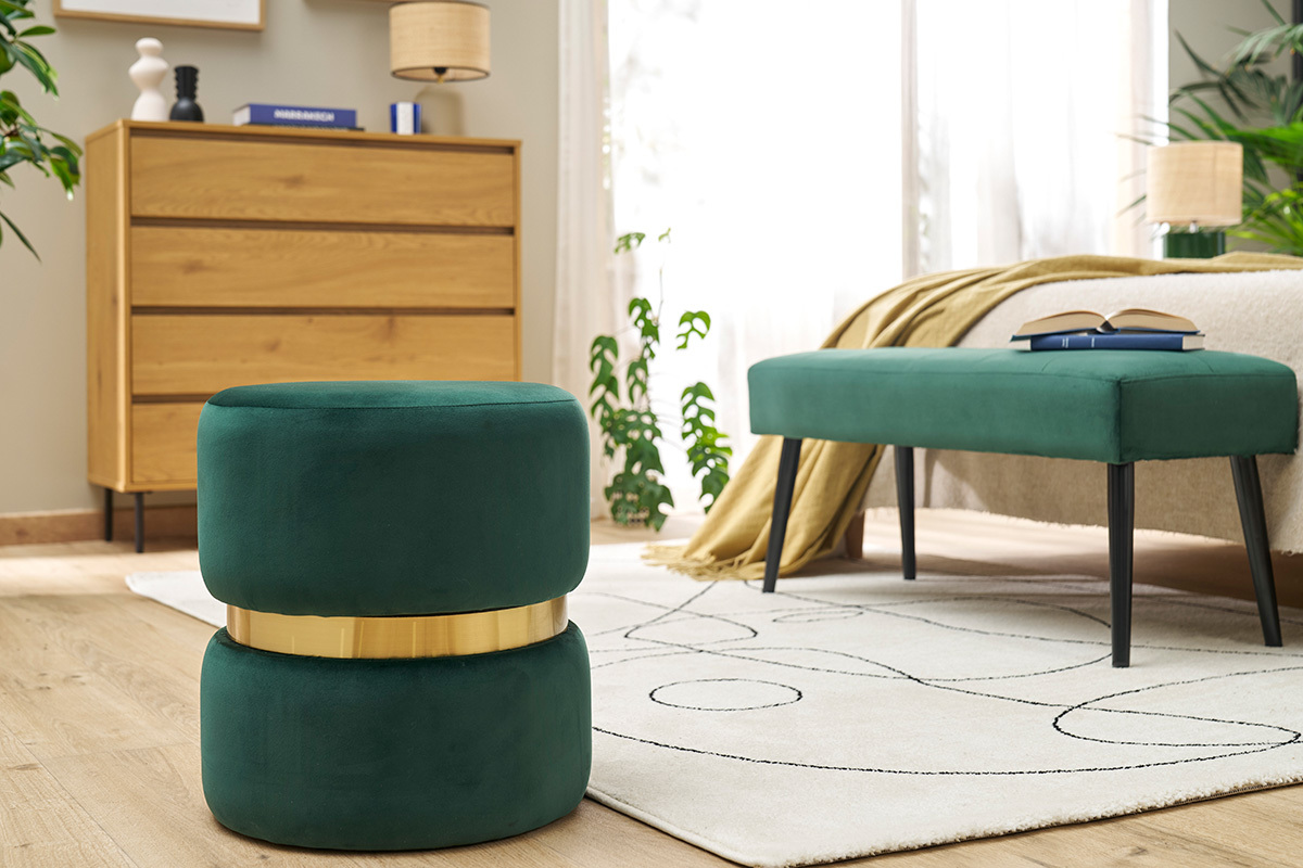 Pouf rond en velours vert fonc et mtal dor D40 cm JOY