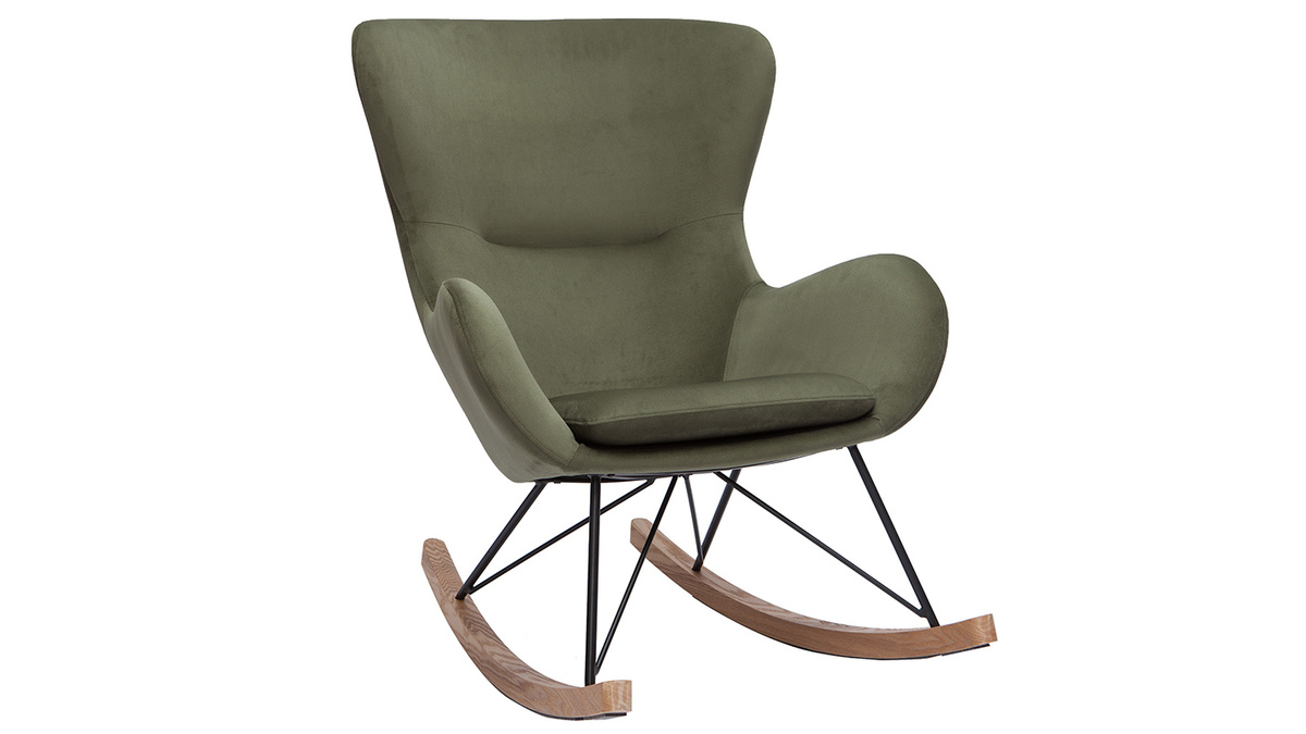 Rocking chair design en tissu effet velours kaki, mtal noir et bois clair ESKUA