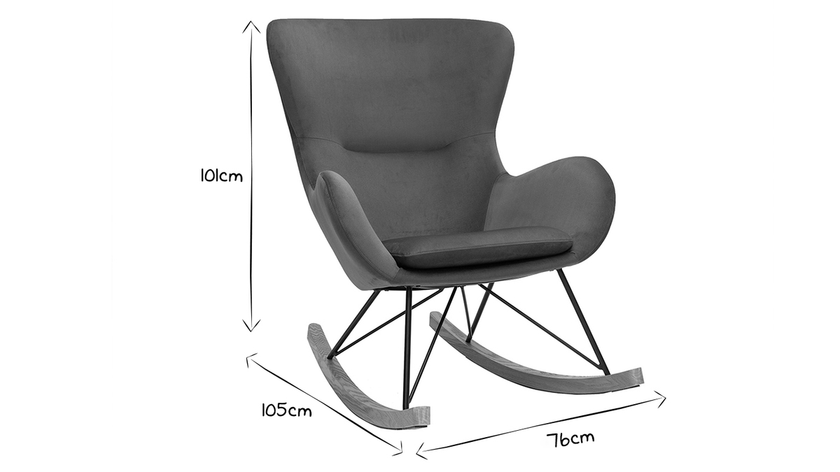 Rocking chair design en tissu effet velours kaki, mtal noir et bois clair ESKUA