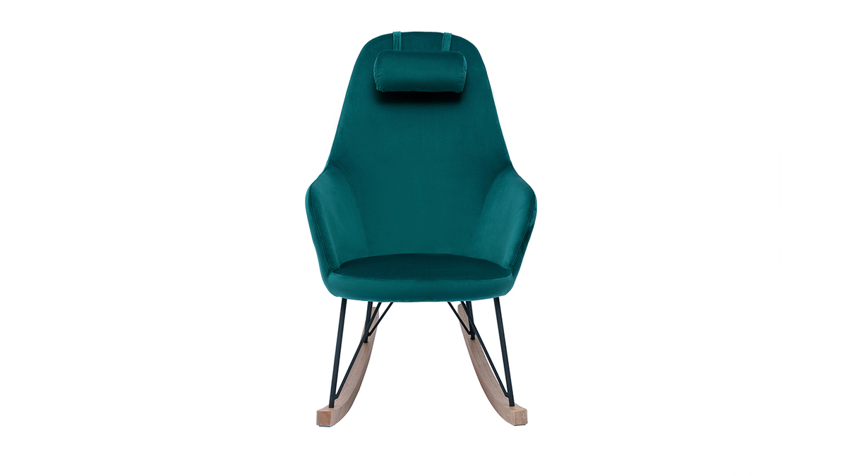 Rocking chair design en tissu velours bleu canard, mtal noir et bois clair JHENE