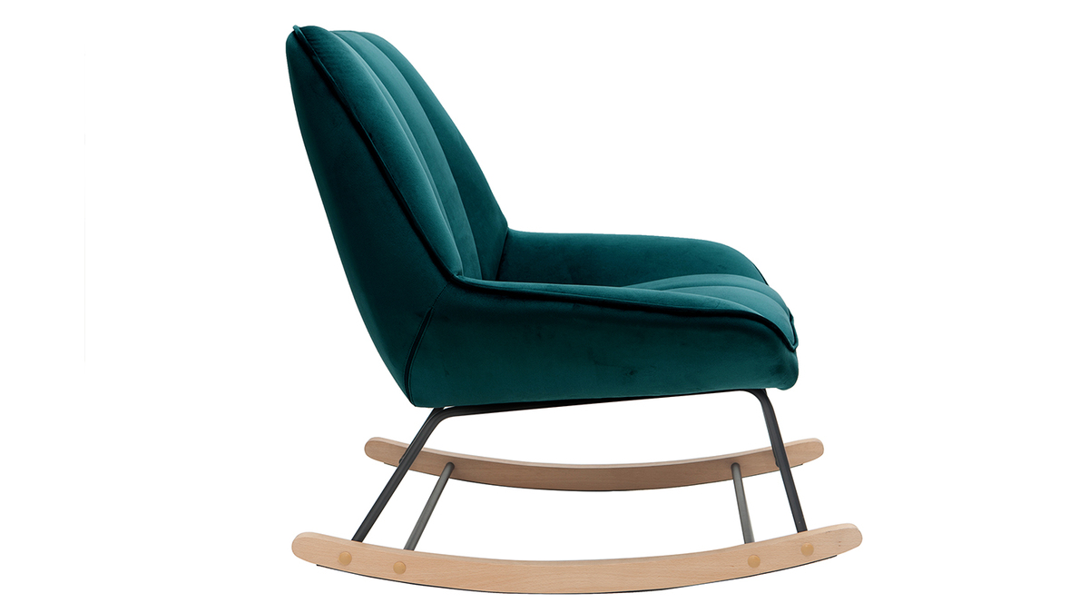 Rocking chair design en tissu velours bleu ptrole, mtal noir et bois clair BILLIE