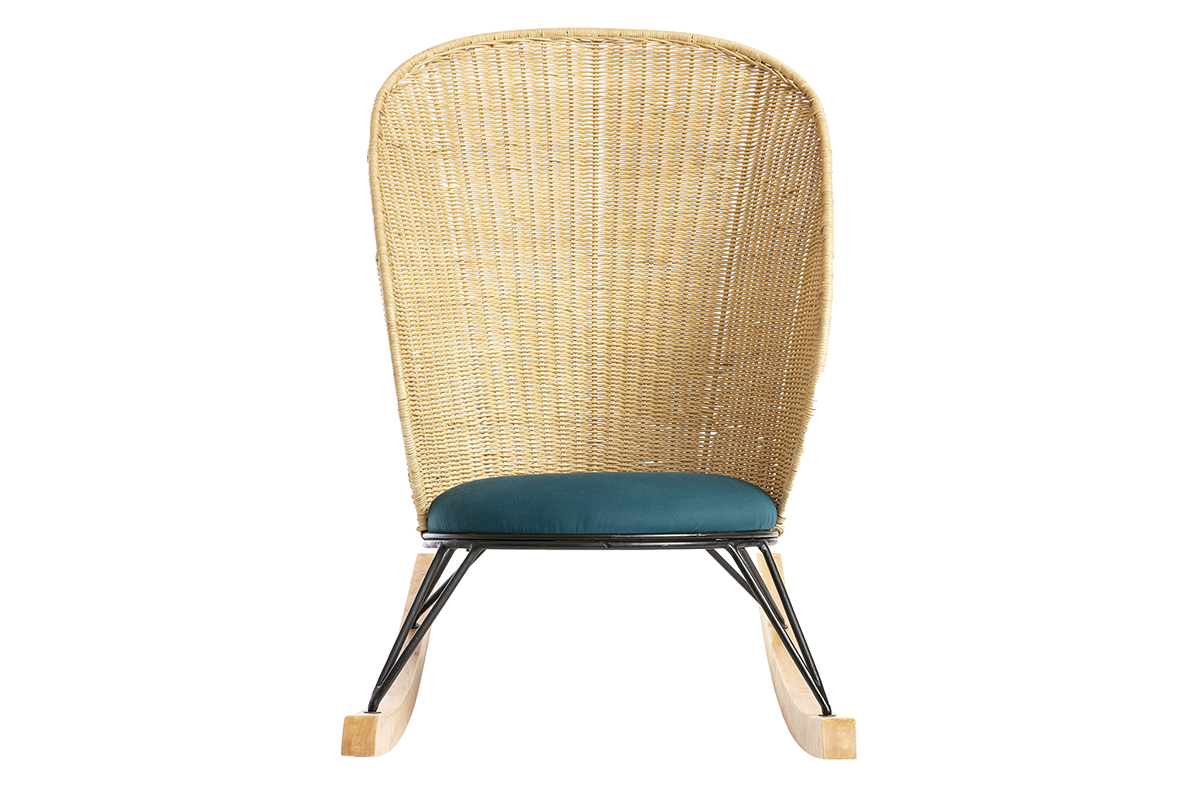 Rocking chair en rotin et tissu bleu p�trole ROBIN