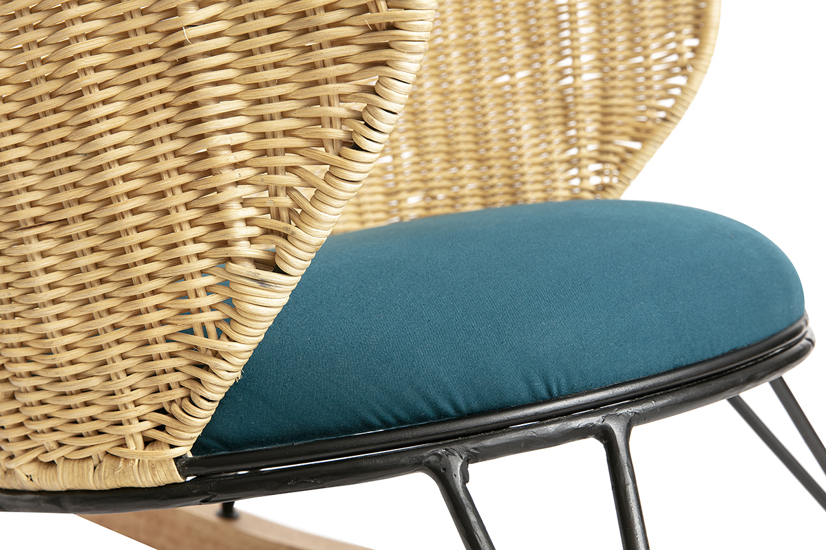 Rocking chair en rotin et tissu bleu p�trole ROBIN