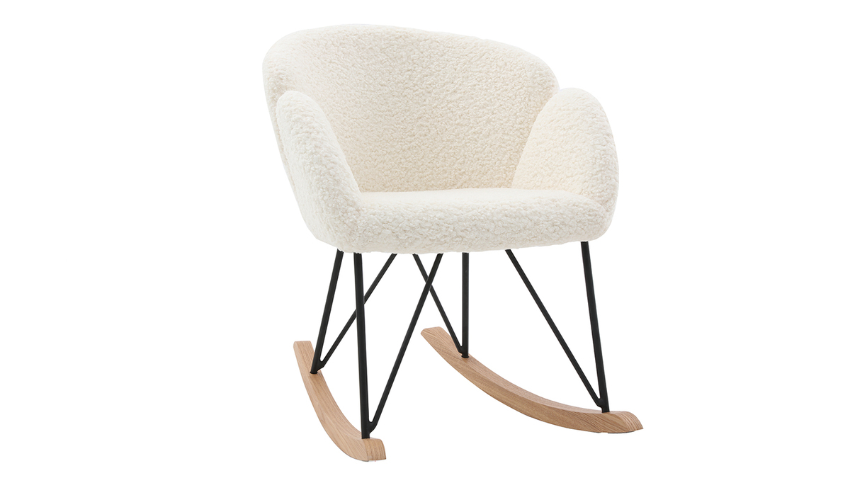 Rocking chair en tissu effet peau de mouton blanc, mtal noir et bois clair RHAPSODY