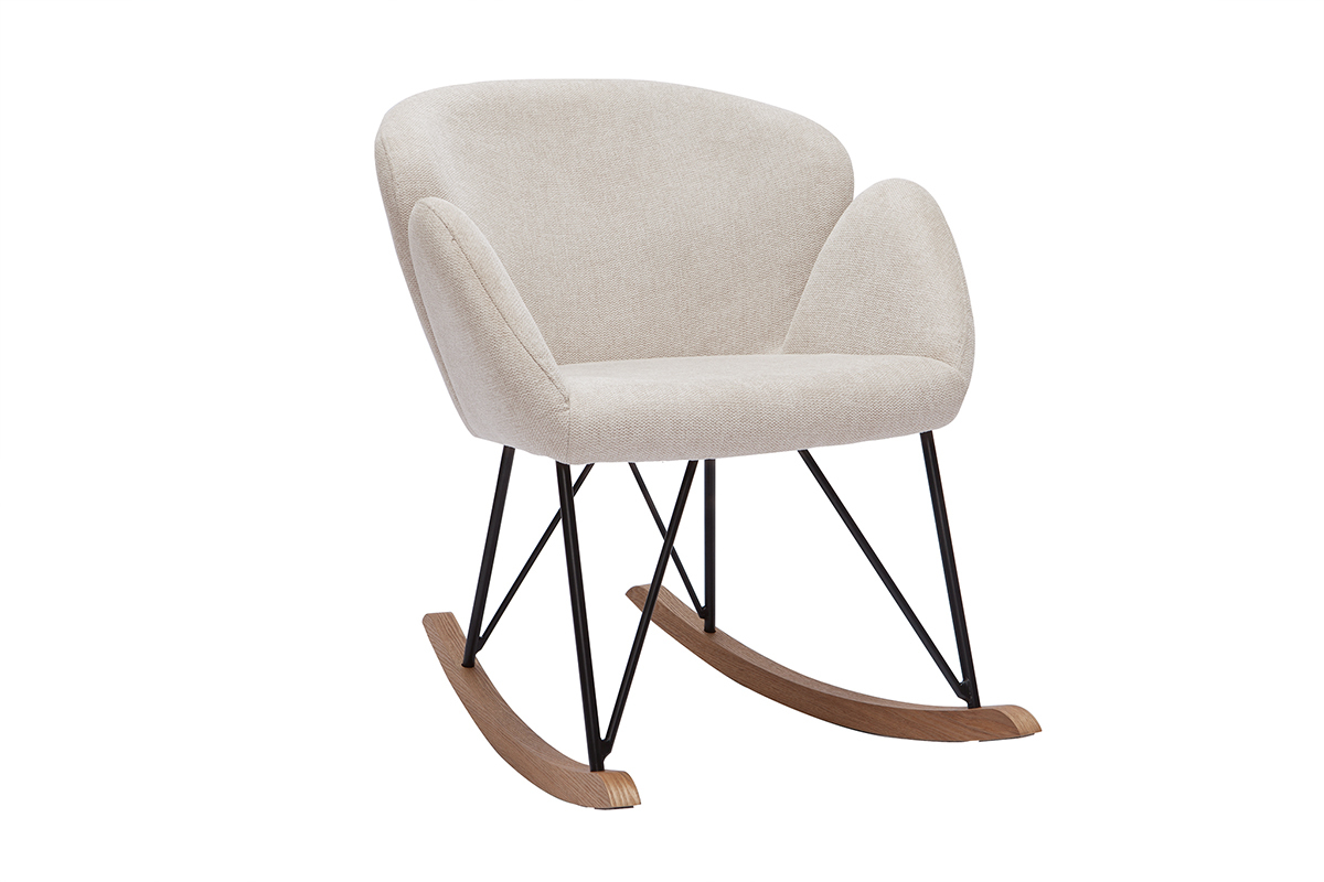 Rocking chair en tissu effet velours textur beige, mtal noir et bois clair RHAPSODY