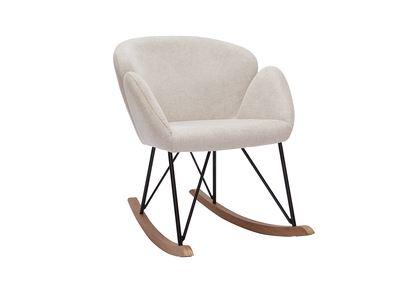 Rocking chair en tissu effet velours texturé beige, métal noir et bois clair RHAPSODY