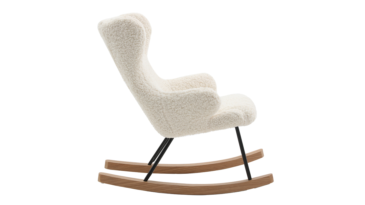 Rocking chair enfant en tissu effet peau de mouton blanc, mtal noir et bois clair SHAUN