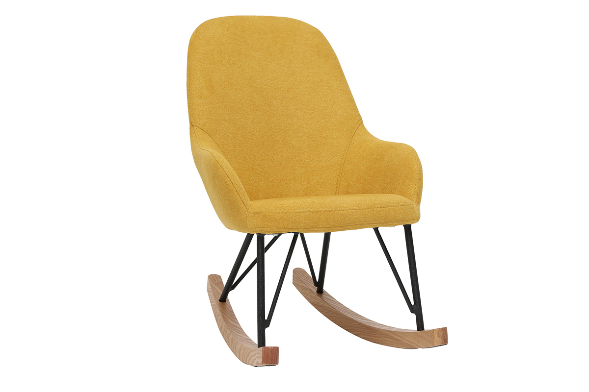 Rocking chair enfant tissu effet velours jaune moutarde pieds mtal en frne JHENE