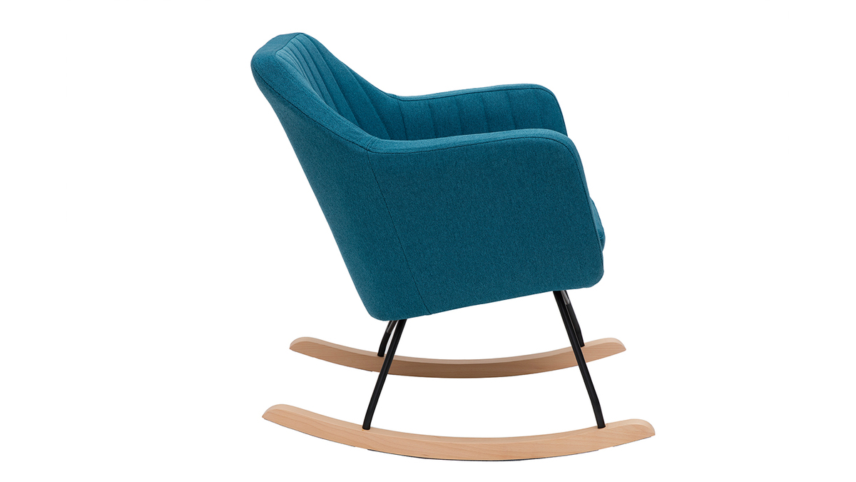 Rocking chair scandinave en tissu bleu canard, métal noir et bois clair ALEYNA