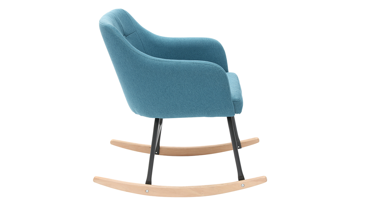 Rocking chair scandinave en tissu bleu canard, mtal noir et bois clair BALTIK