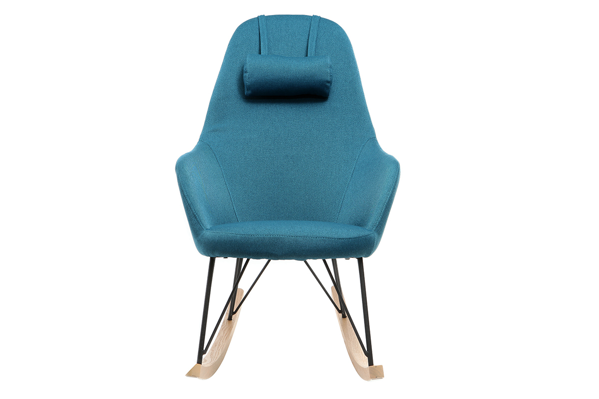 Rocking chair scandinave en tissu bleu canard, mtal noir et bois clair JHENE