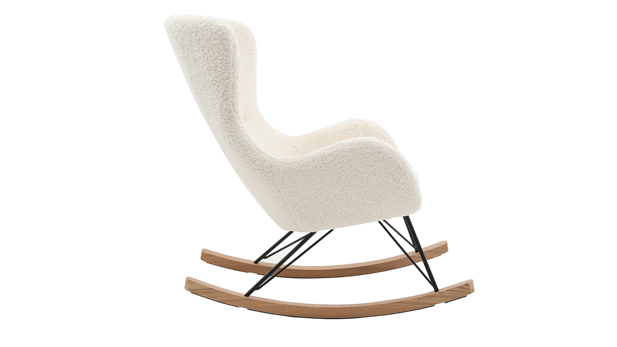 Rocking chair scandinave en tissu effet peau de mouton blanc, métal noir et bois clair  ESKUA