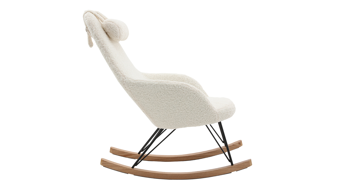Rocking chair scandinave en tissu effet peau de mouton blanc, mtal noir et bois clair JHENE