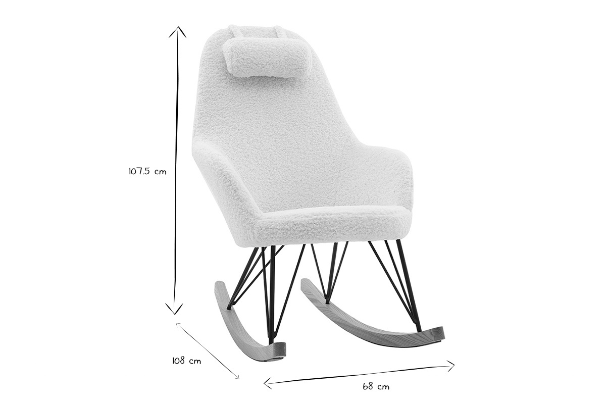 Rocking chair scandinave en tissu effet peau de mouton blanc, mtal noir et bois clair JHENE