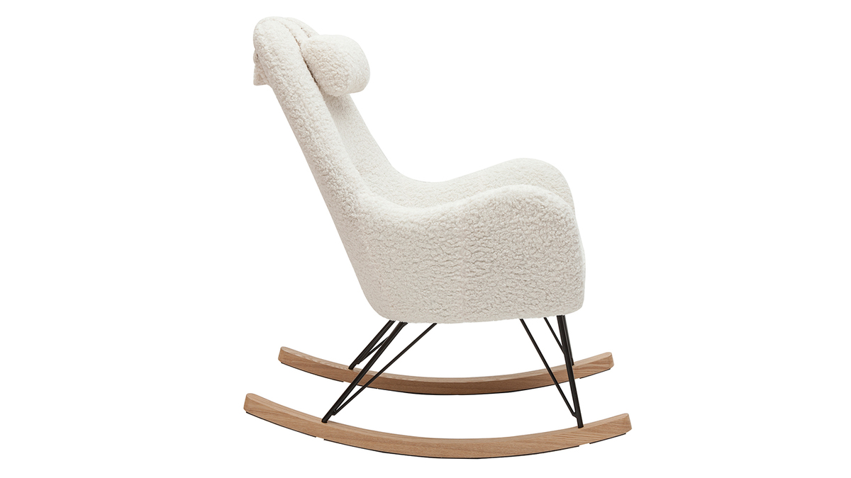 Rocking chair scandinave en tissu effet peau de mouton blanc, mtal noir et bois clair MANIA