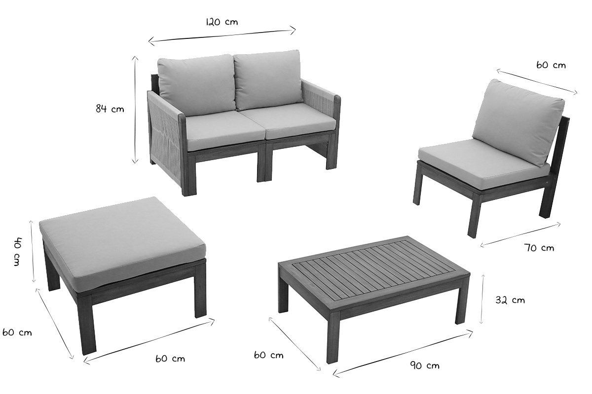 Salon de jardin 3-4 places en bois massif, 2 sets de housse (taupe ou �cru) et accoudoirs tress�s ALOHA