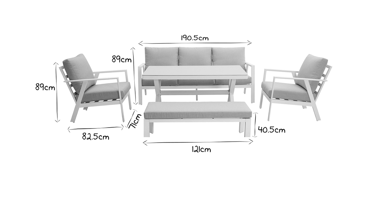 Salon de jardin 7 places avec table  manger en aluminium et tissu gris CALYPSO