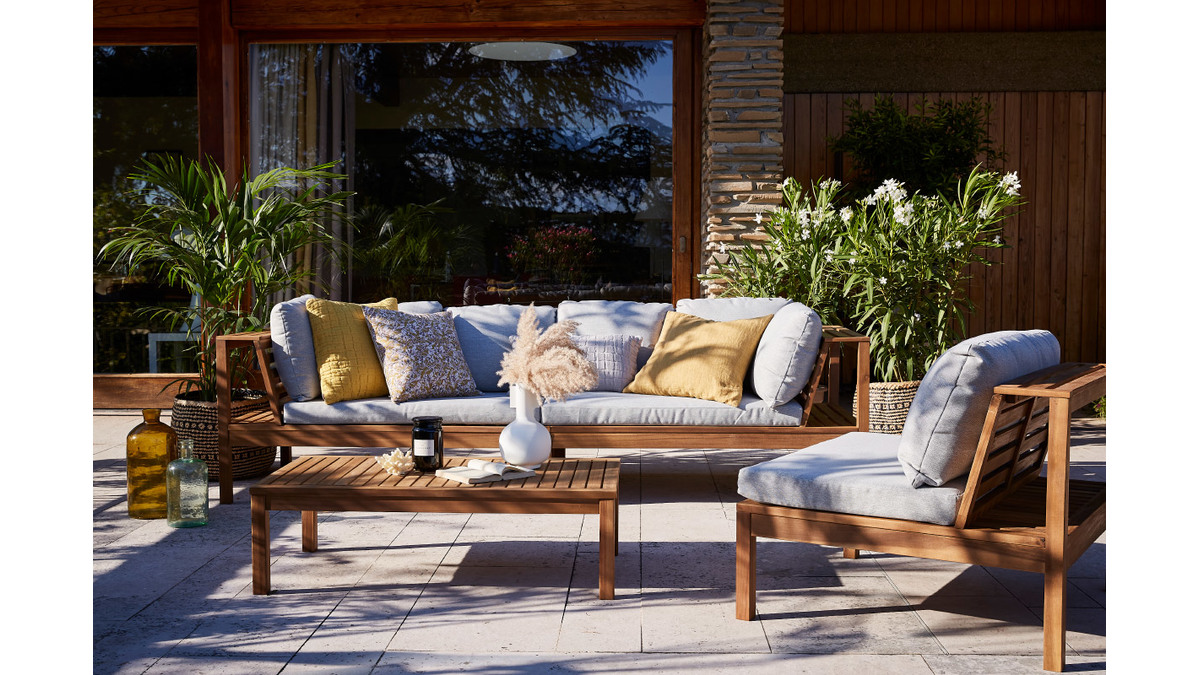 Salon de jardin d'angle 6 places en bois massif avec coussins dhoussables beige naturel BELIZE