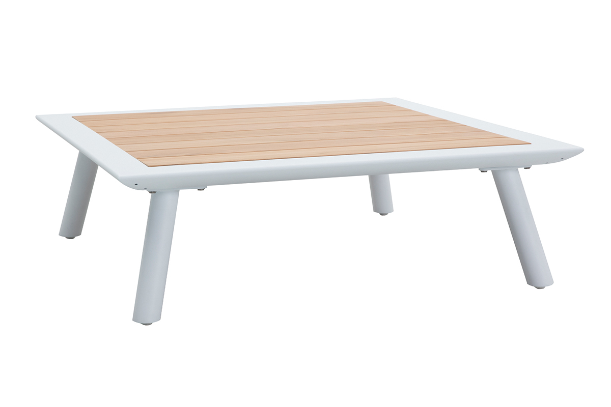 Salon de jardin d'angle en aluminium blanc, teck et tissu gris clair BELLS